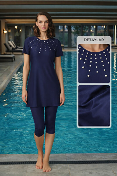 YUYİ Tesmay Quick Drying Swimwear Fabric with Pearl Detail, Half Sleeve, Tigh...