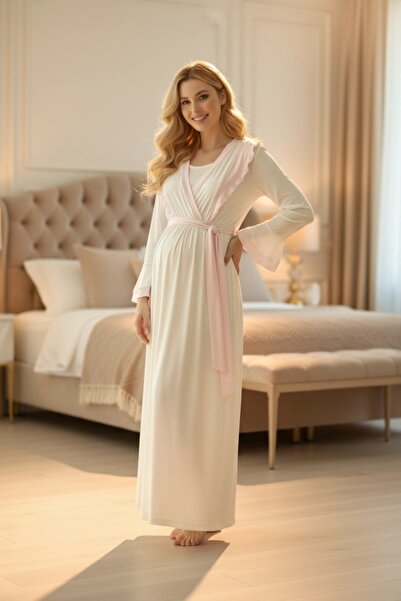 Lohusa Dünyasi Kadın Pudra Şal Yaka 2'Li Lohusa Hamile Gecelik Sabahlık Takım...