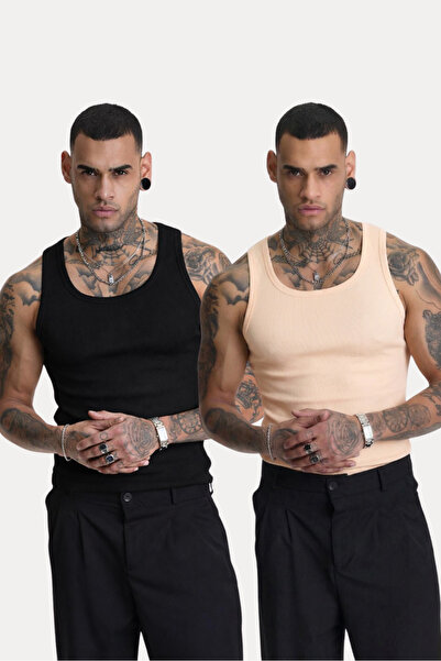 İLKCET MODA 2-Pack Black and Cream Slim Fit Men's Ribbed Undershirts
