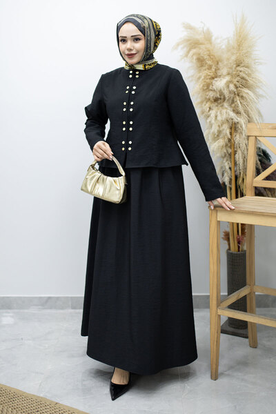 Tesettür Dünyası Σετ Φούστας με Χρυσά Κουμπώματα TSD260156 Μαύρο