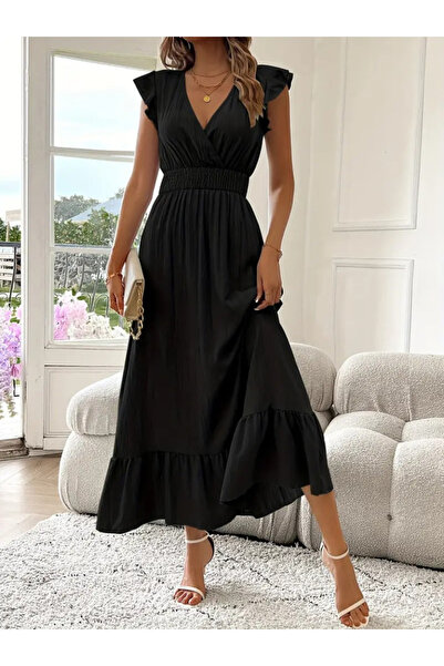 JANES Women's Short Sleeve Double Breasted Collar Elastic Waist Muslim Dress