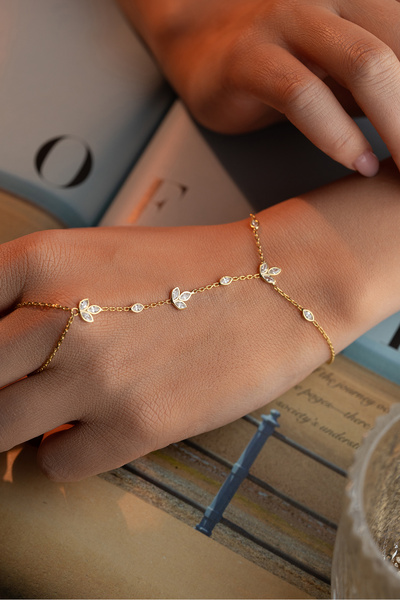 Nereze 925 Ayar Gümüş Gold Kaplama 3'Lü Lotus Çiçeği Model Şahmeran Bileklik