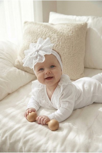 MONTİNA Little princess cream Lace piece Cotton interlock baby romper and headband set