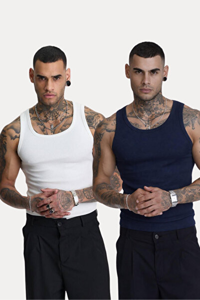 İLKCET MODA 2-Pack White and Navy Blue Slim Fit Men's Ribbed Undershirts