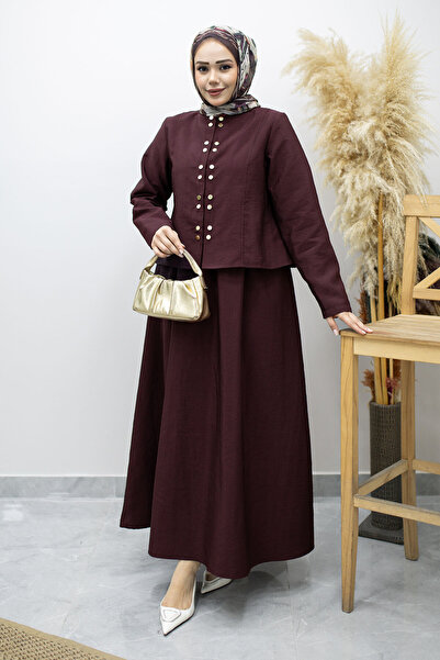 Tesettür Dünyası Σετ Φούστας με Χρυσά Κουμπώματα TSD260156 Βουργουνδίας