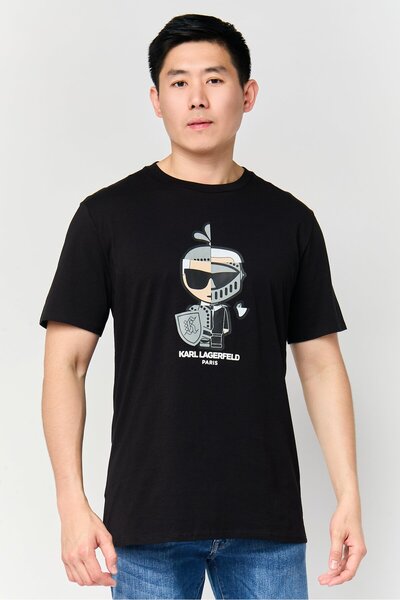 Karl Lagerfeld تي شيرت رجالي بطبعة جرافيكية بأكمام قصيرة ورقبة دائرية، أسود