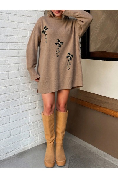 NLT Women's Biscilet Collar Floral Stone Embroidered Long Sleeve Knitwear Tun...