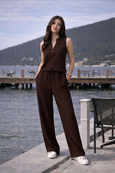 mor butik Γυναικείο Σετ Παντελόνι με Λεπτομέρεια από Αξεσουάρ από Λινό σε Σκο...