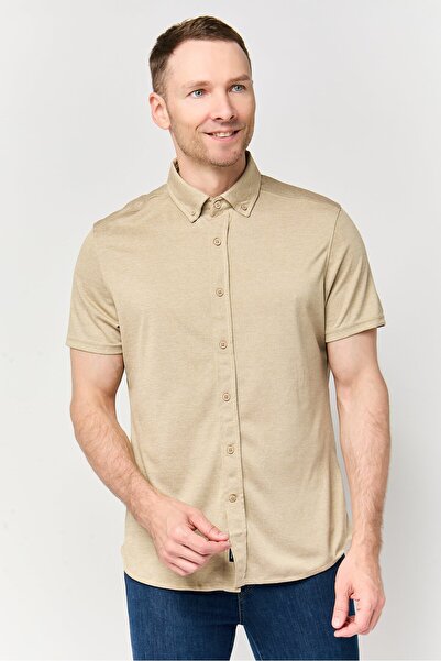 Report Collection Men Modern Fit Heather Short Sleeve Casual Shirt, Tan