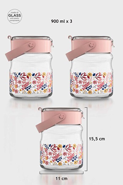 Renga Mono 900 ml Flower Patterned 3-Piece Glass Jar Set 132065 Pink