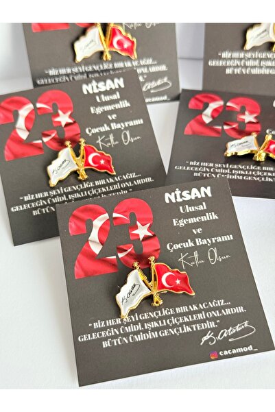 Cacamod Türk Bayrağı ve Atatürk İmzalı Yaka Rozeti 2 Adet 23 Nisan Kartlı Hed...