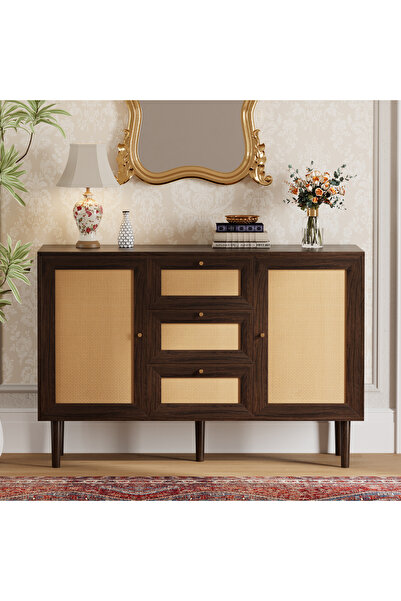 CHOGORI Rattan Storage Cabinet 3 Drawers 2 Doors Boho Farmhouse Sideboard Buffet
