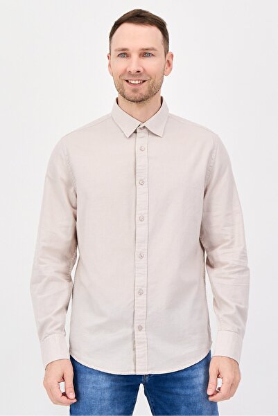 Nautica Jeans Men Regular Fit Long Sleeve Plain Casual Shirt, Beige