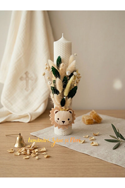 OEM Lumânare Botez din Ceară Naturală de Albine – Decor Leu, Flori Uscate, Lu...