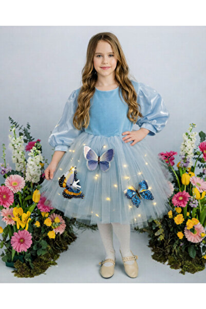 fustite cu luminite Μπλε Φόρεμα με Φωτάκια, Τούλι με Πεταλούδες - 3-4 ετών (9...