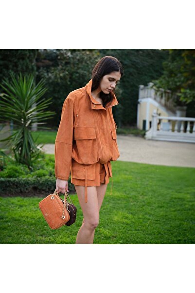 Desa Women's Orange Suede Leather Handbag with Adjustable Shoulder Strap