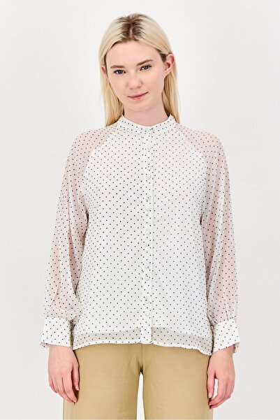 London Fog Women Band Collar Long Sleeve Polka Dot Blouse, White