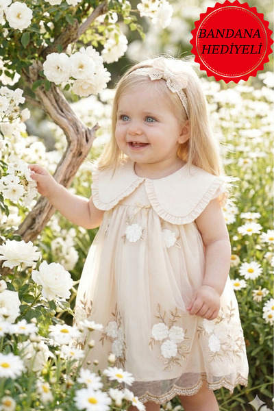 ALYRA Kız Bebek Elbise Kısa Kollu Bebe Yaka Vintage Çiçekli Doğum Günü Özel g...