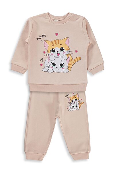 Civil Baby Kedi Baskılı 6-18 Ay Takım - Pudra