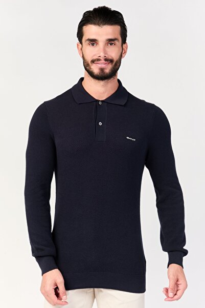 Gant Men Regular Fit Brand Logo Long Sleeve Polo Shirt, Navy