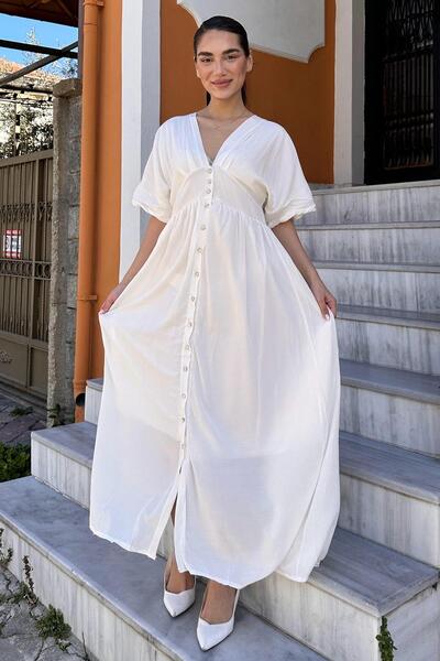 BLUSS Γυναικείο μακρύ φόρεμα με λαιμόκοψη V και κουμπιά, άνετη εφαρμογή, καθη...