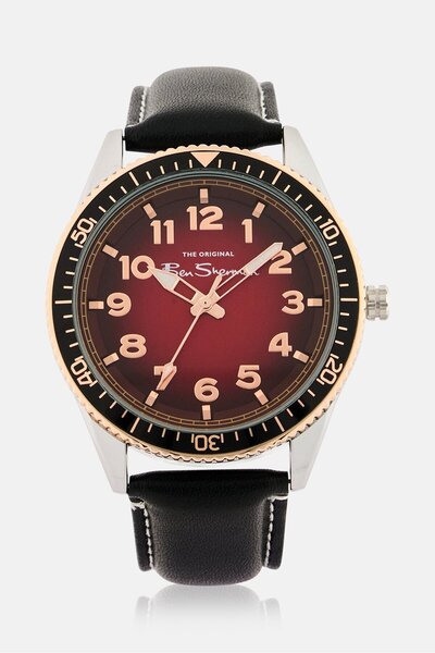 Ben Sherman Men BS111EB Leather Analog Watch 44 mm, Black