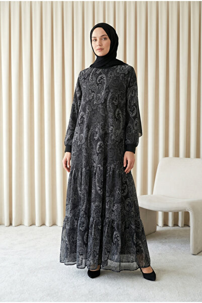 MODAQU Authentic Pattern Lined Chiffon Dress - Anthracite