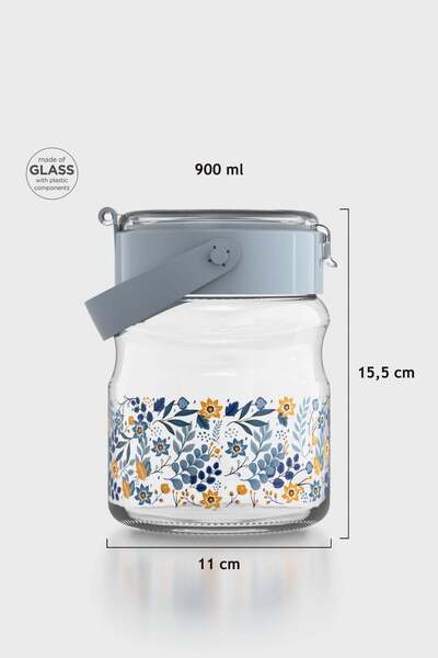 Renga Mono 900 ml Flower Patterned Glass Jar 132065 Blue