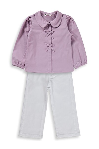 Civil Girls Bow Tie Shirt and Pants Double Set for 2-5 Years - Lilac