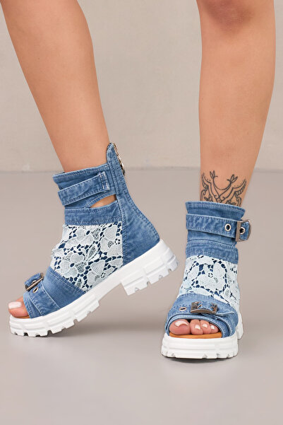 StarBlueMooN Women's Denim Sandals with Lace Detail Design