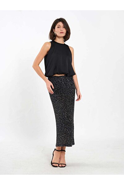 Coral Sequin Midi Sequin Skirt 041185 Black