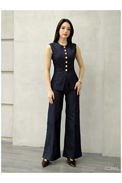 Coral 18054 Stitched Detailed Striped Trousers Navy Blue