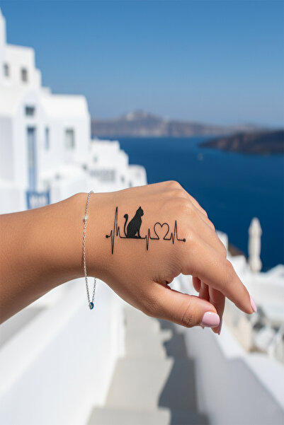 pivok Kedi ve Kalp Atışı (Lifeline) Yarı Kalıcı Dövme / 1 Ay Kalıcı - Kedi Se...