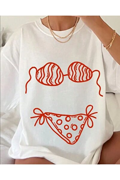 Gisha Women's Minimal Bikini Printed Summer Cotton White T-Shirt