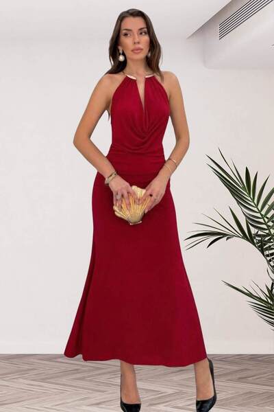 Moda Amore Women's Sandy Fabric Halter Neck Deep Decolletage Maxi Dress - Eve...