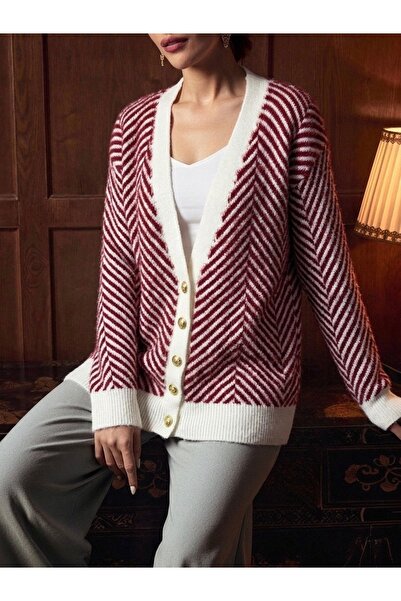 NLT Women's Gold Button Detailed V-Neck Beard Cardigan - Sk-213-4532