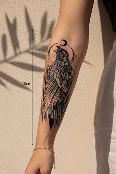 pivok Kuzgun Figürlü Ay ve Geometrik Detaylı Sanatsal Tattoo - Yarı Kalıcı / ...