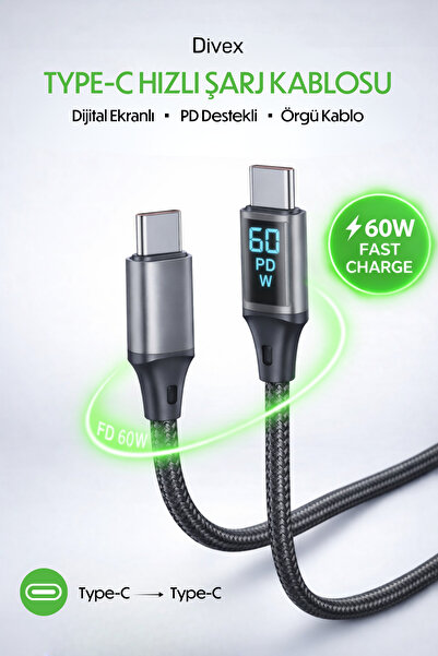 Divex LED Ekranlı 60W Type-C to Type-C Hızlı Şarj Kablosu 1M | PD Destekli US...