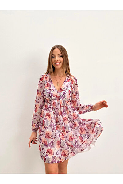 PROTO SUIT Φλοράλ μακρυμάνικο φόρεμα με λαιμόκοψη V και επένδυση