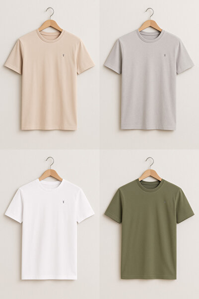 COMBİNE MİCHAİL Men's Crew Neck Comfortable Basic 4-Piece T-Shirt