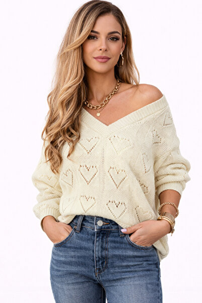 Trend Mixs Women's Ecru Heart Patterned Knitwear Sweater V-Neck Oversize Soft...