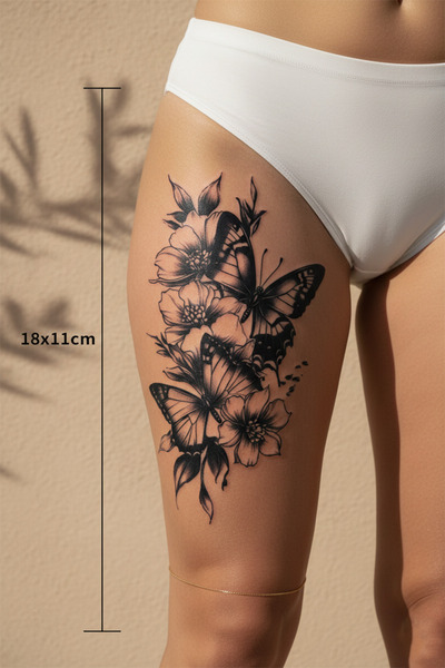 pivok Kelebek ve Çiçek Buketi Detaylı Sanatsal Tattoo - Yarı Kalıcı / 1 Ay Ka...