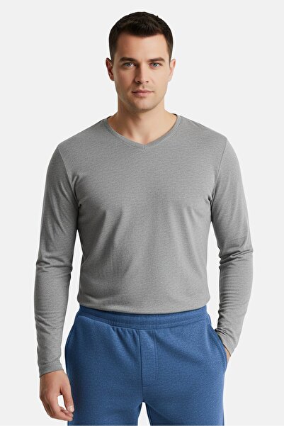 CELIO Men V-Neck Long Sleeve Heather T-Shirt, Light Grey