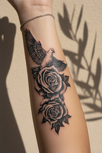 pivok Güvercin ve Gül Dövmesi - Yarı Kalıcı / 1 Ay Kalıcı Tattoo DÖVME