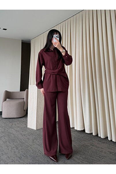 My Blog Burgundy Shirt and Trouser Set with Waist Accessories - 8856