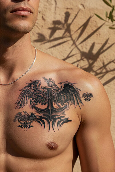 pivok Kanatlı Çapa ve Tribal Göğüs Dövmesi - Yarı Kalıcı / 1 Ay Kalıcı Tattoo