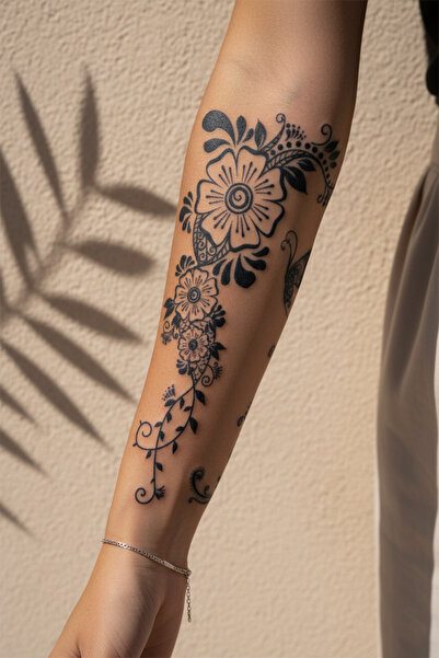 pivok Çiçek Sarmaşığı ve Floral Desenli Dövme - Yarı Kalıcı / 1 Ay Kalıcı Tattoo