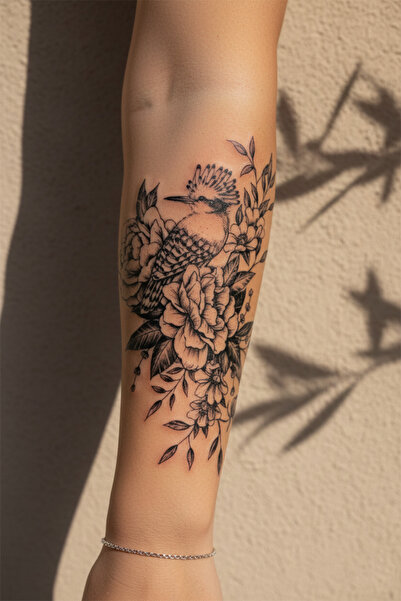pivok İbibik Kuşu ve Şakayık Çiçekli Dövme - Yarı Kalıcı / 1 Ay Kalıcı Tattoo