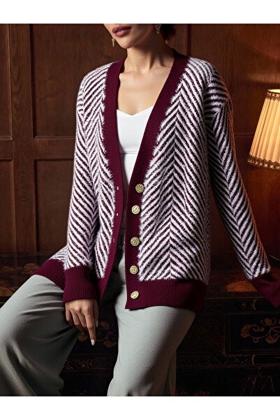 NLT Women's Gold Button Detailed V-Neck Beard Cardigan - Sk-213-4532