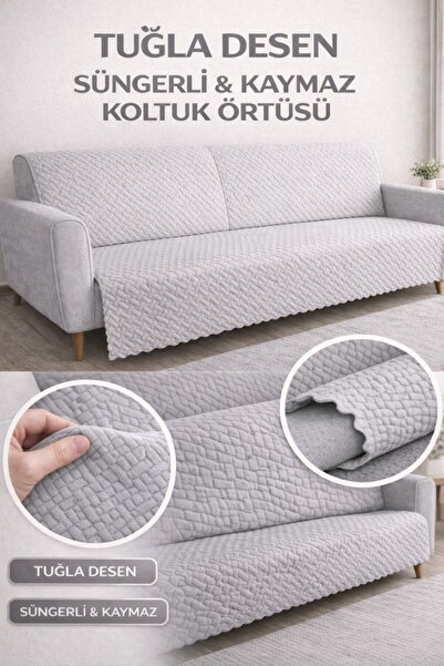 bibaha Kaymaz Süngerli Koltuk Örtüsü 160x205 Tuğla Desenli 4 Mevsim Kullanışl...